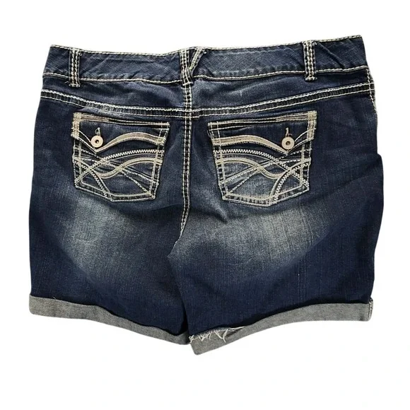 Maurices Denim Shorts Womens 20 Dark Wash Embroidered Cuffed Stretch EUC - Picture 3 of 6
